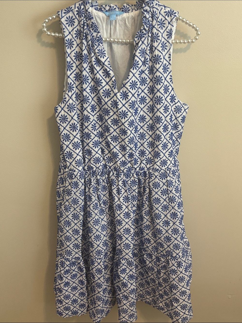Draper James Blue & White Sleeveless V-Neck Dress size large
